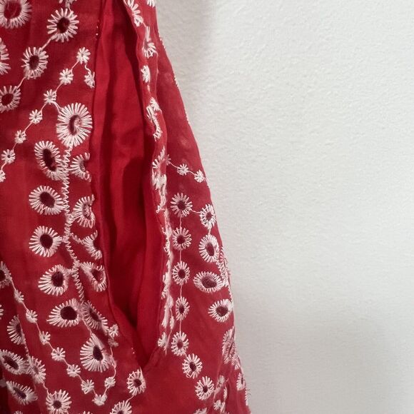 Solitaire Dress Women's Medium Red Midi Eye-lit Embroidered Lined Fit & Flare - Picture 5 of 11